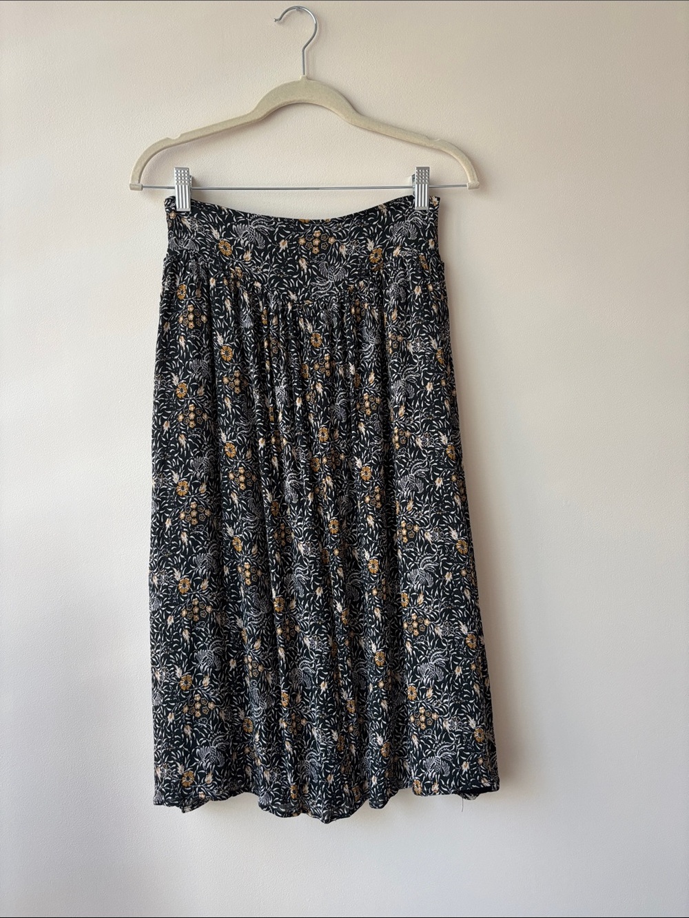 Black Floral Midi Skirt with Smocked Waist